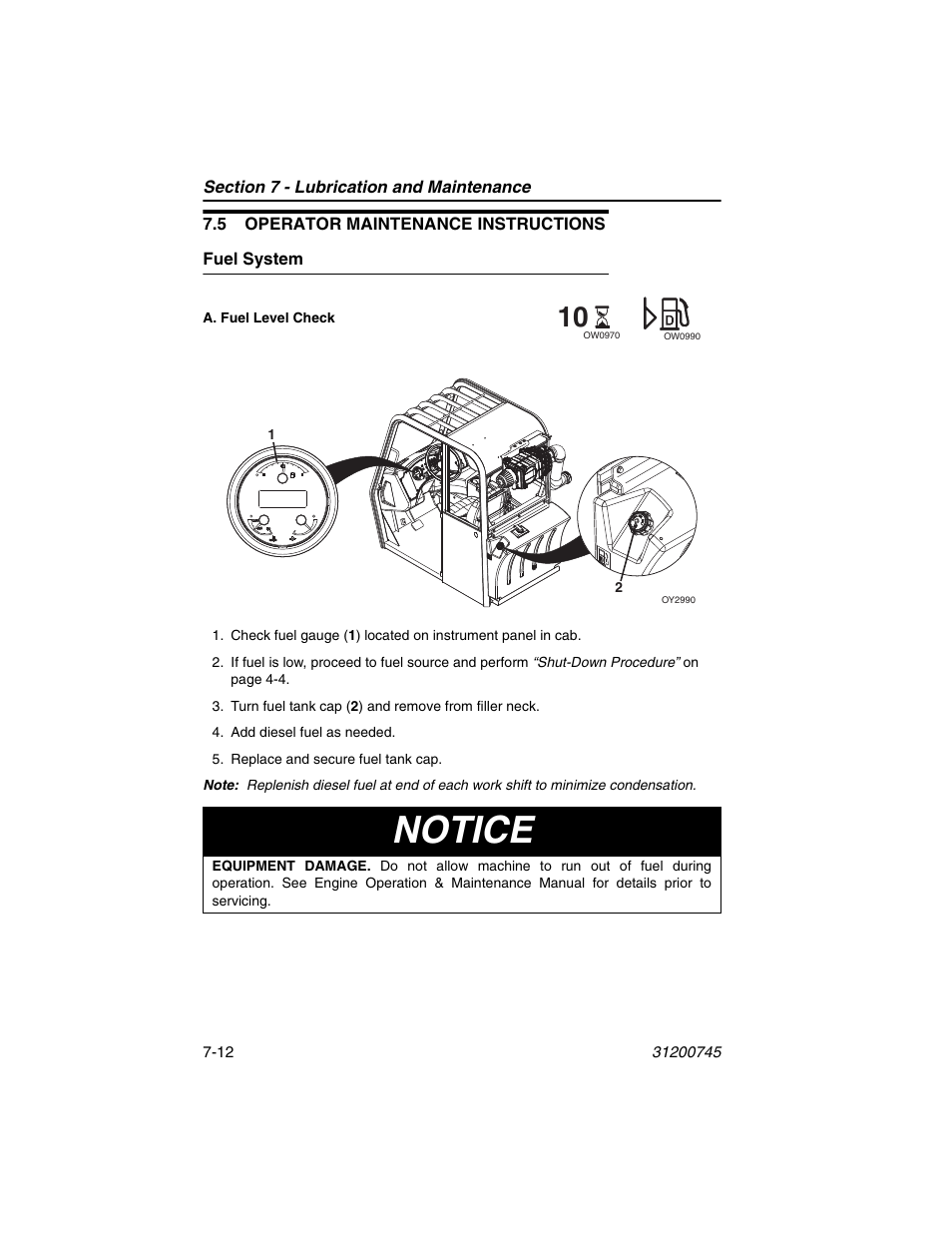 5 operator maintenance instructions, Fuel system, 5 operator maintenance instructions -12 | Fuel system -12, Notice | JLG G12-55A Operator Manual User Manual | Page 126 / 160