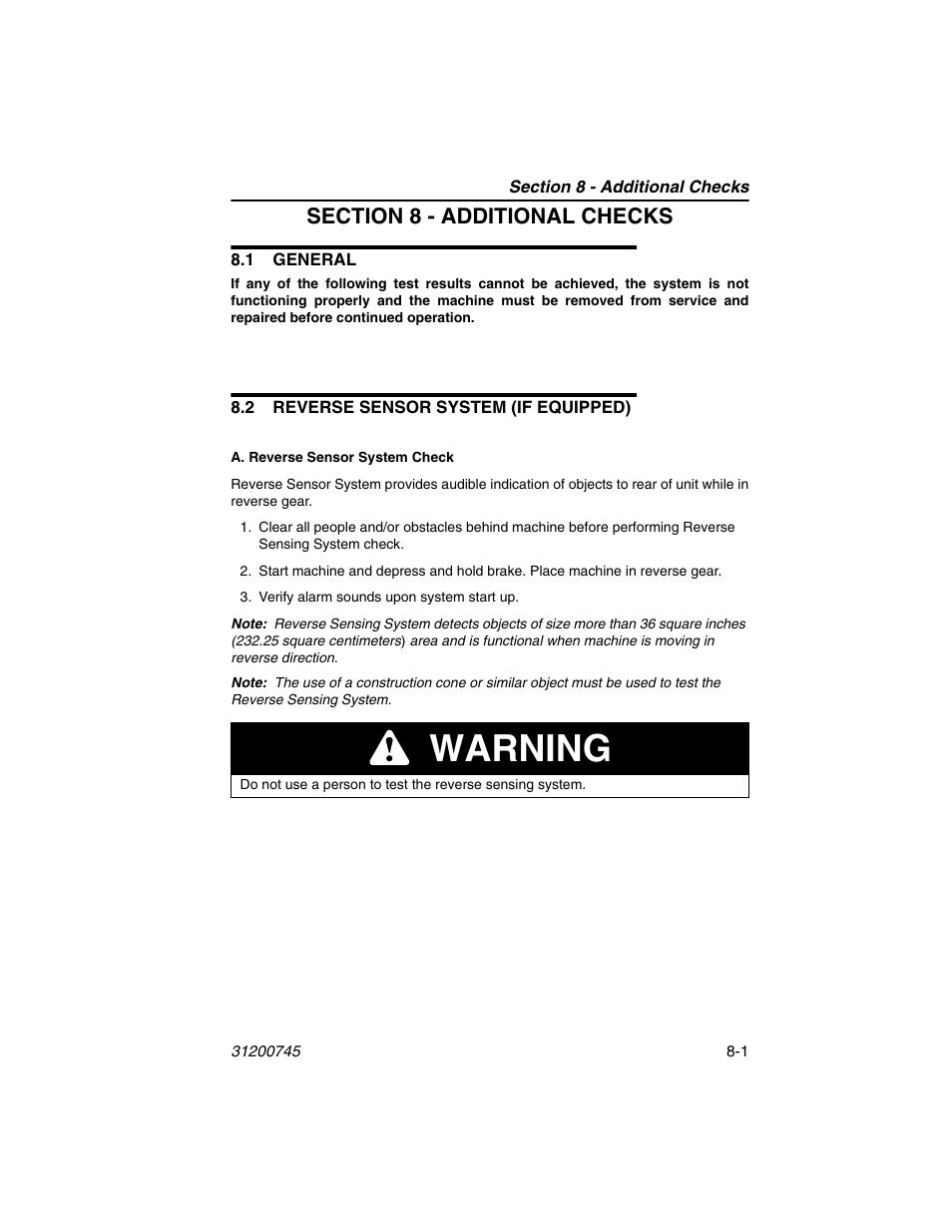 Section 8 - additional checks, 1 general, 2 reverse sensor system (if equipped) | Warning | JLG G12-55A Operator Manual User Manual | Page 141 / 160