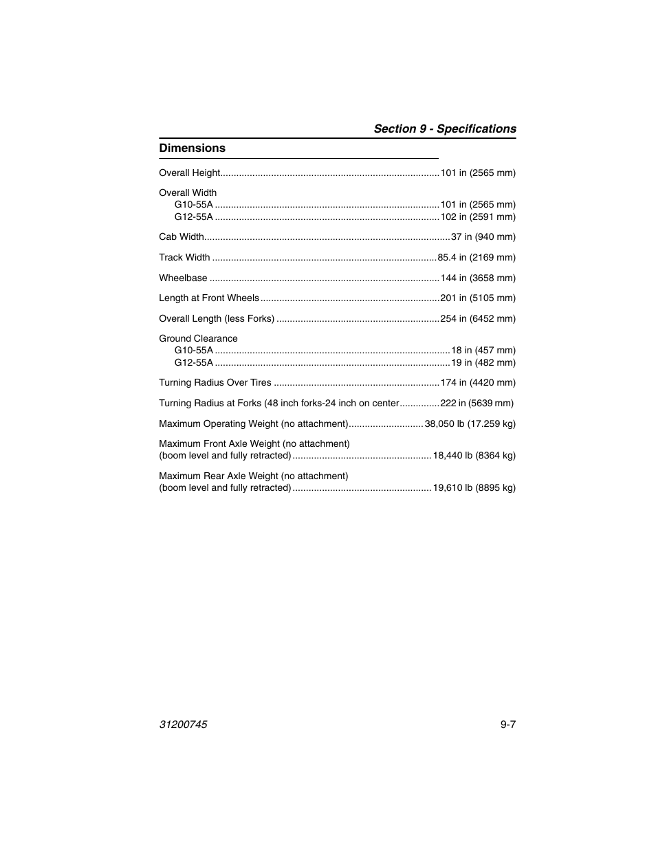 Dimensions, Dimensions -7 | JLG G12-55A Operator Manual User Manual | Page 149 / 160
