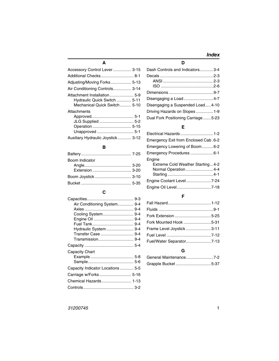 Index | JLG G12-55A Operator Manual User Manual | Page 151 / 160