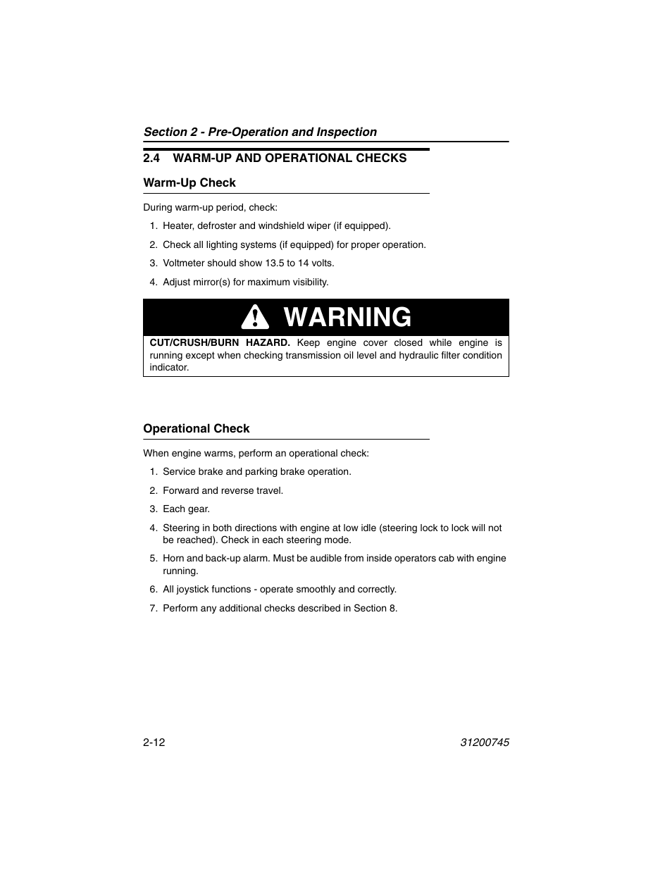 4 warm-up and operational checks, Warm-up check, Operational check | 4 warm-up and operational checks -12, Warm-up check -12 operational check -12, Warning | JLG G12-55A Operator Manual User Manual | Page 38 / 160