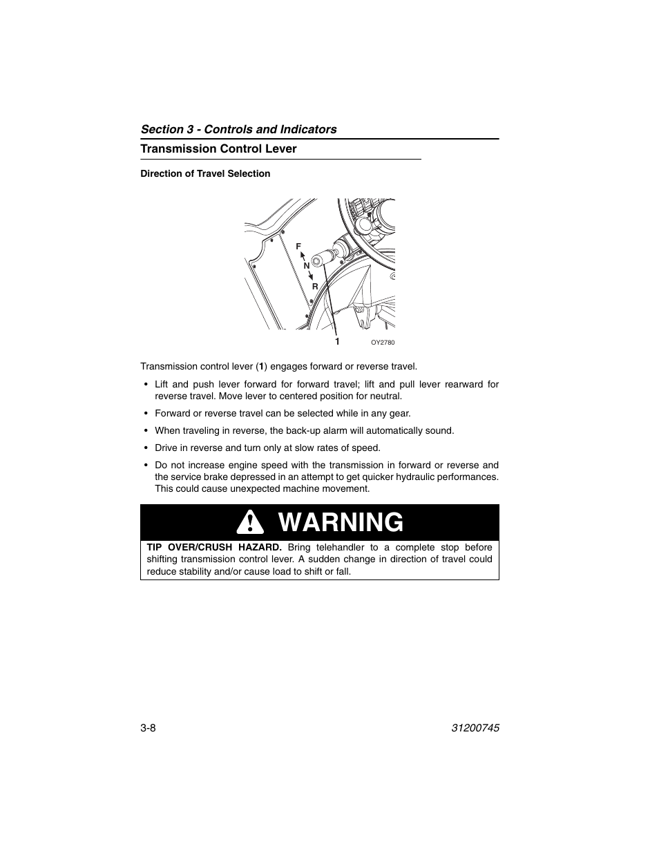 Transmission control lever, Transmission control lever -8, Warning | JLG G12-55A Operator Manual User Manual | Page 48 / 160