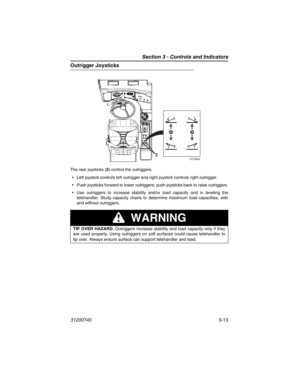 Outrigger joysticks, Outrigger joysticks -13, Warning | JLG G12-55A Operator Manual User Manual | Page 53 / 160