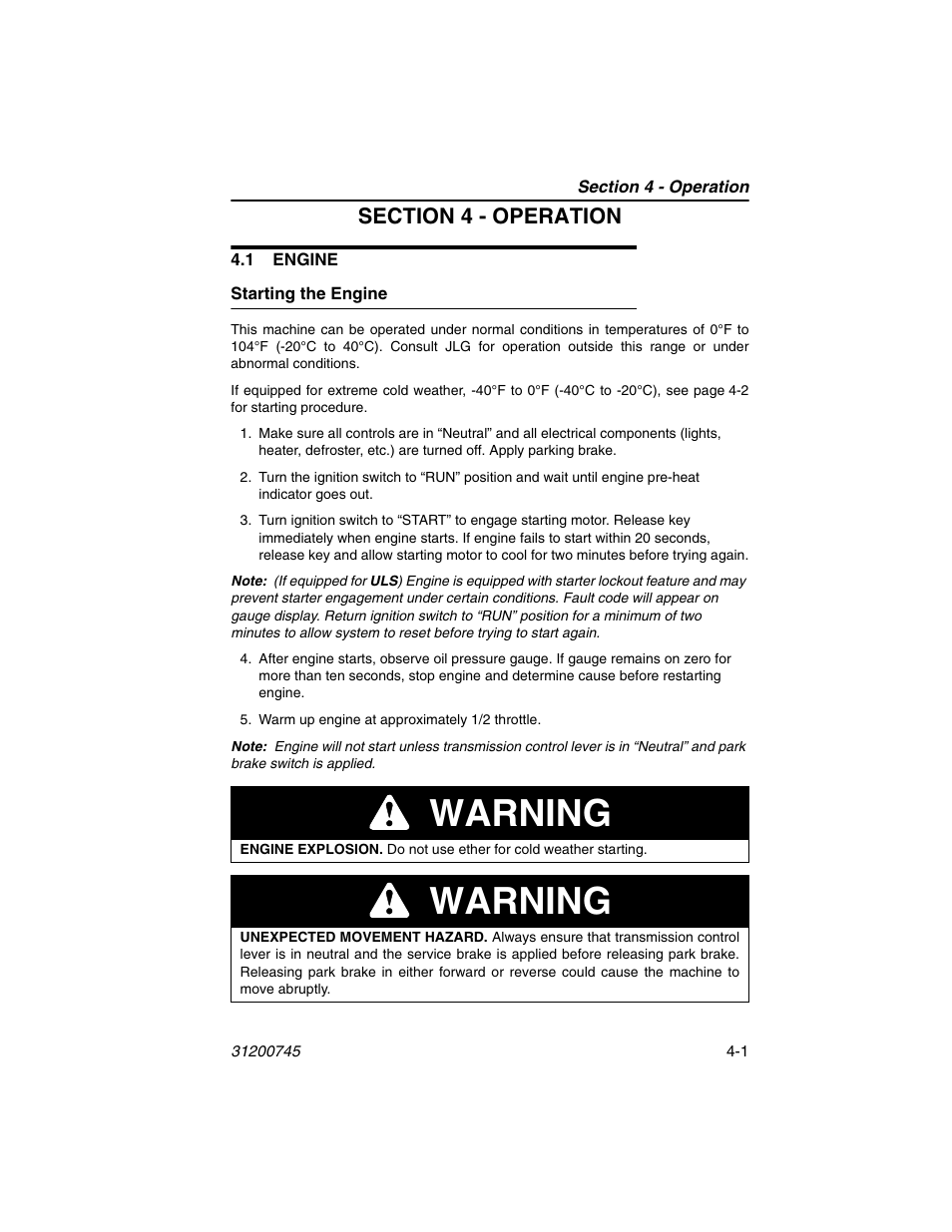 Section 4 - operation, 1 engine, Starting the engine | 1 engine -1, Starting the engine -1, Warning | JLG G12-55A Operator Manual User Manual | Page 61 / 160