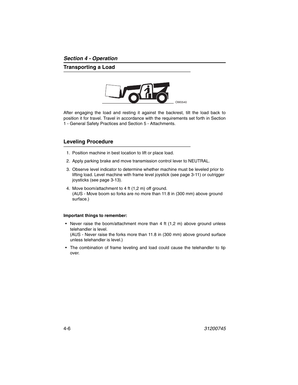 Transporting a load, Leveling procedure, Transporting a load -6 leveling procedure -6 | JLG G12-55A Operator Manual User Manual | Page 66 / 160