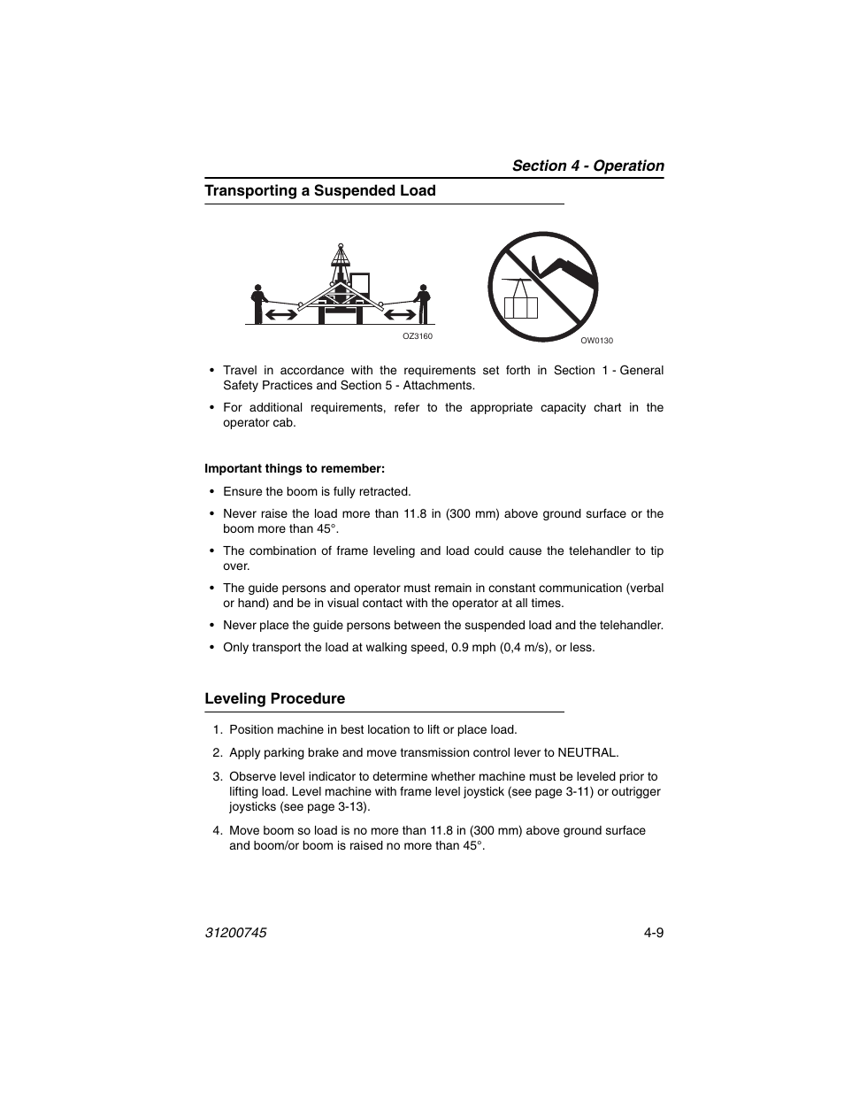Transporting a suspended load, Leveling procedure | JLG G12-55A Operator Manual User Manual | Page 69 / 160
