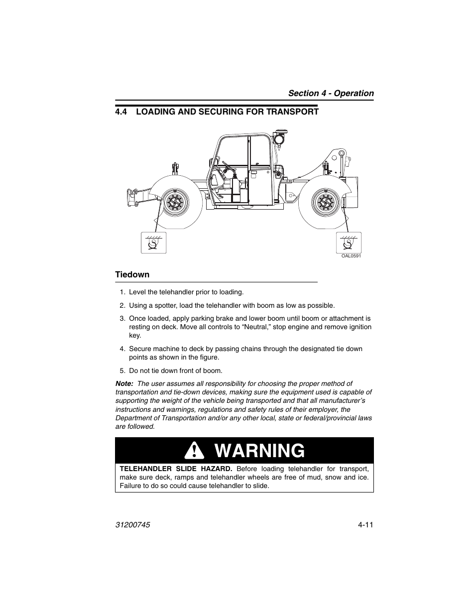 4 loading and securing for transport, Tiedown, 4 loading and securing for transport -11 | Tiedown -11, Warning | JLG G12-55A Operator Manual User Manual | Page 71 / 160