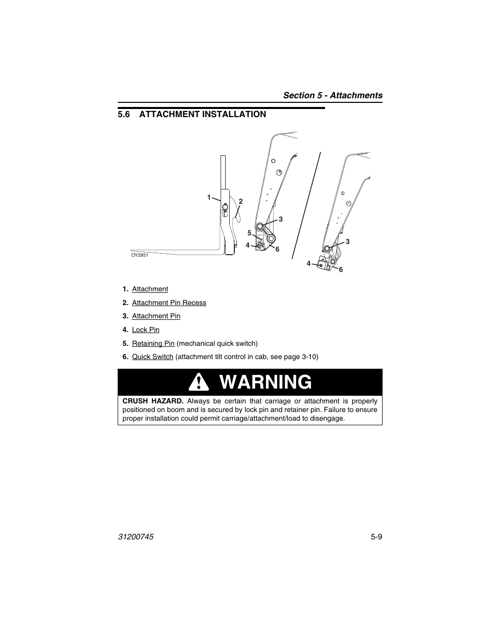 6 attachment installation, 6 attachment installation -9, Warning | JLG G12-55A Operator Manual User Manual | Page 81 / 160