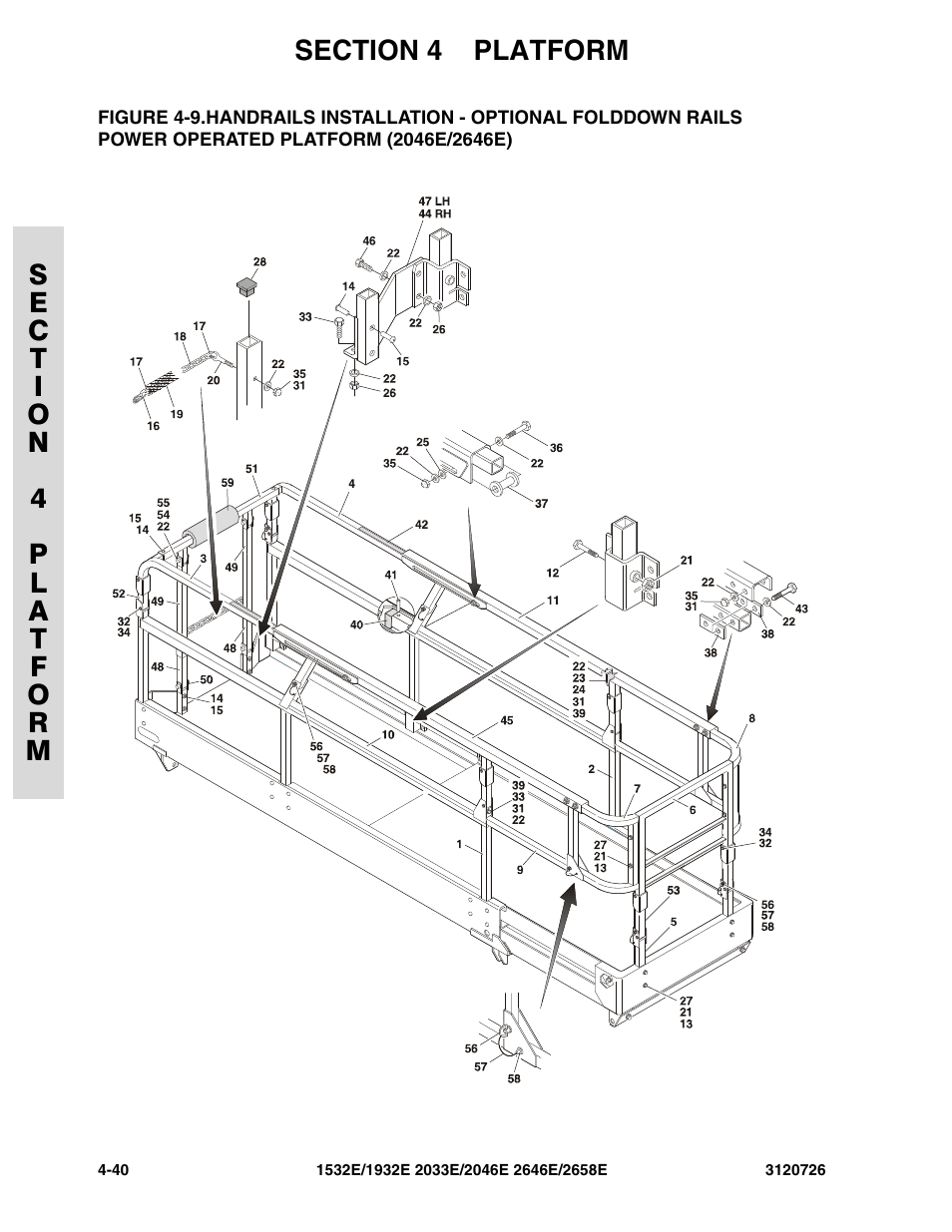 Handrails installation - optional folddown rails, Power operated platform (2046e/2646e) -40 | JLG 2658E ANSI Parts Manual User Manual | Page 150 / 258