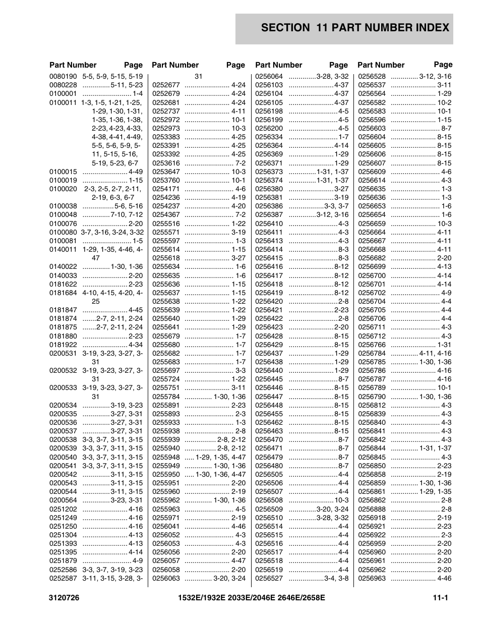 Section 11 part number index | JLG 2658E ANSI Parts Manual User Manual | Page 247 / 258