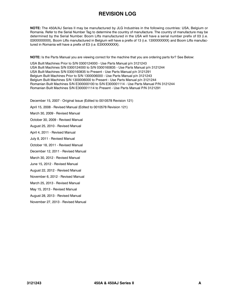 Revision log | JLG 450A_AJ Series II Parts Manual User Manual | Page 3 / 494