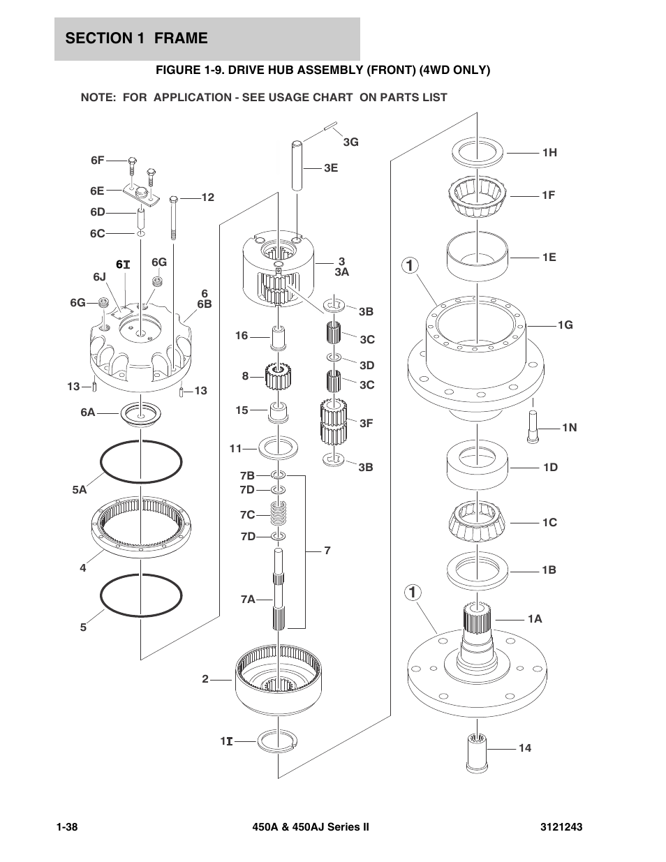 Figure 1-9. drive hub assembly (front) (4wd only) | JLG 450A_AJ Series II Parts Manual User Manual | Page 46 / 494
