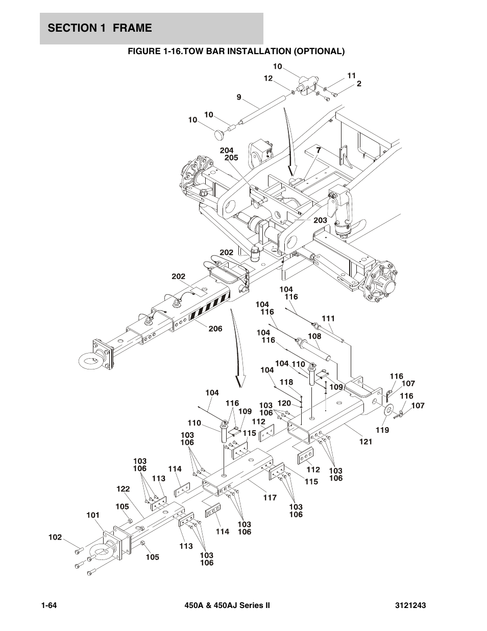 Figure 1-16. tow bar installation (optional), Tow bar installation (optional) -64 | JLG 450A_AJ Series II Parts Manual User Manual | Page 72 / 494
