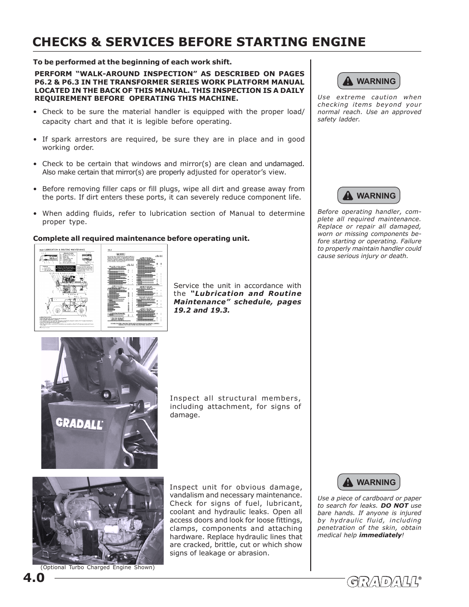 Checks & services before starting engine, Checks & services before starting engine 4.0 | JLG TF6-42 (9150-4003) Operator Manual User Manual | Page 22 / 92