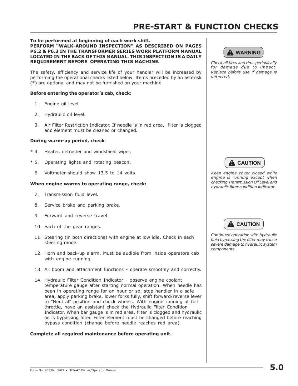 Warm-up & operational checks, Pre-start & function checks 5.0 | JLG TF6-42 (9150-4003) Operator Manual User Manual | Page 23 / 92