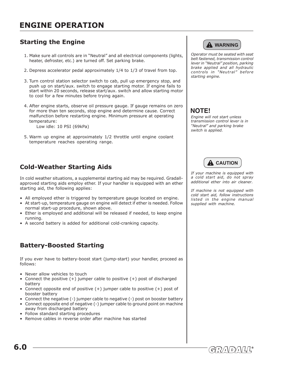 Engine operation, Engine operation 6.0, Starting the engine | Cold-weather starting aids, Battery-boosted starting | JLG TF6-42 (9150-4003) Operator Manual User Manual | Page 24 / 92