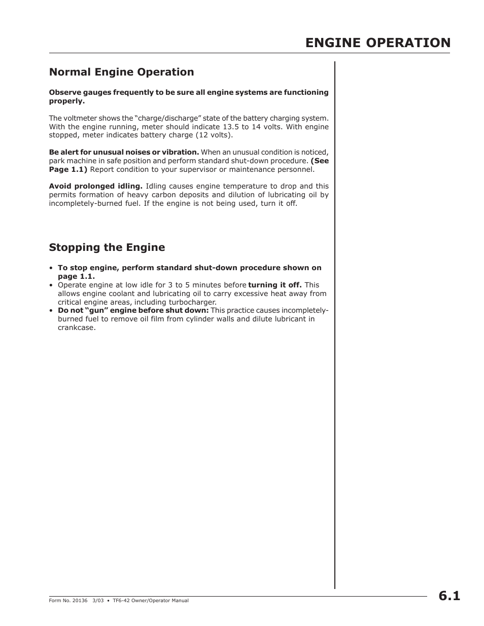 1 engine operation, Normal engine operation, Stopping the engine | JLG TF6-42 (9150-4003) Operator Manual User Manual | Page 25 / 92