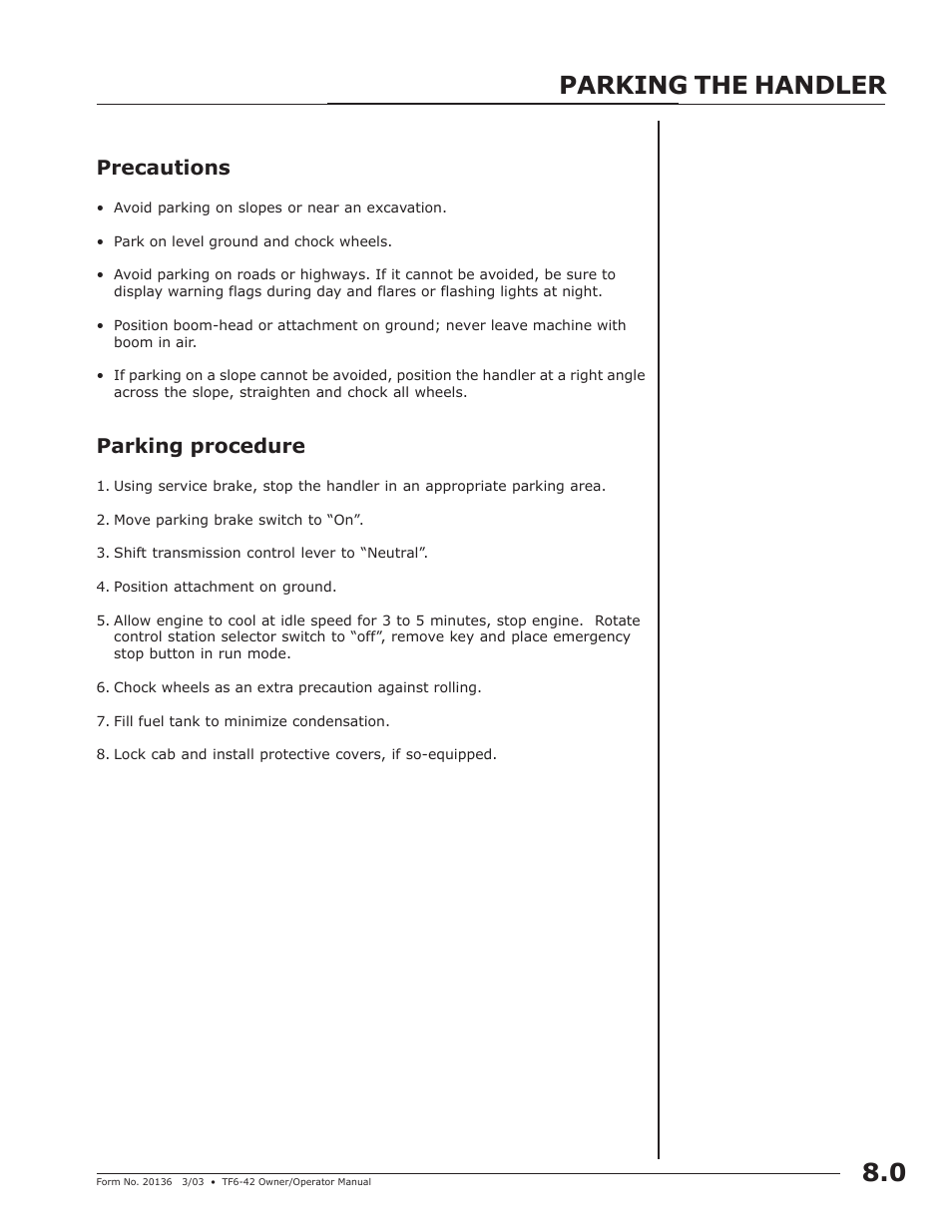 Parking the handler, Parking the handler 8.0, Precautions | Parking procedure | JLG TF6-42 (9150-4003) Operator Manual User Manual | Page 27 / 92