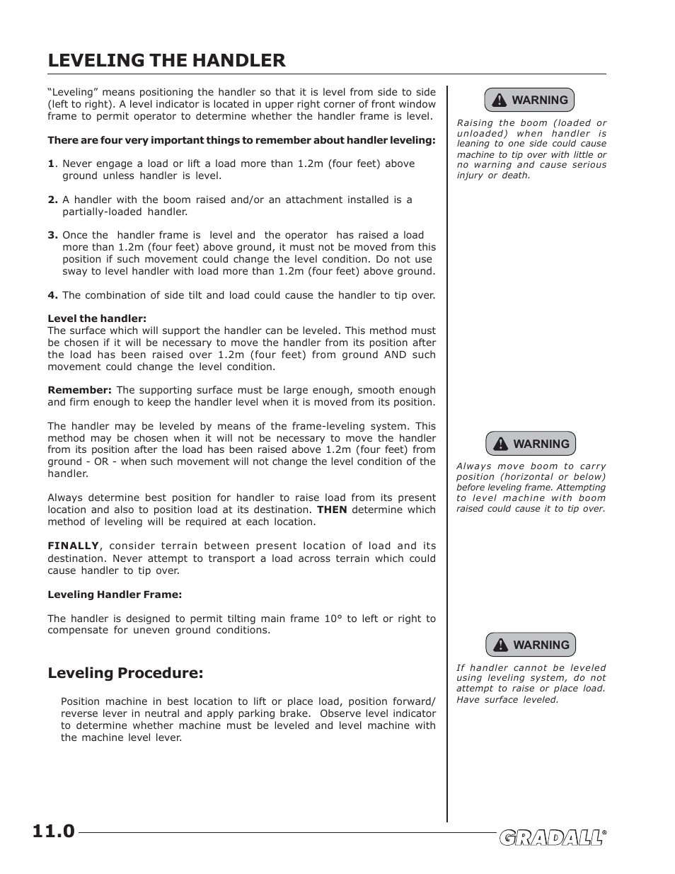 Leveling the handler, Leveling the handler 11.0, Leveling procedure | JLG TF6-42 (9150-4003) Operator Manual User Manual | Page 30 / 92