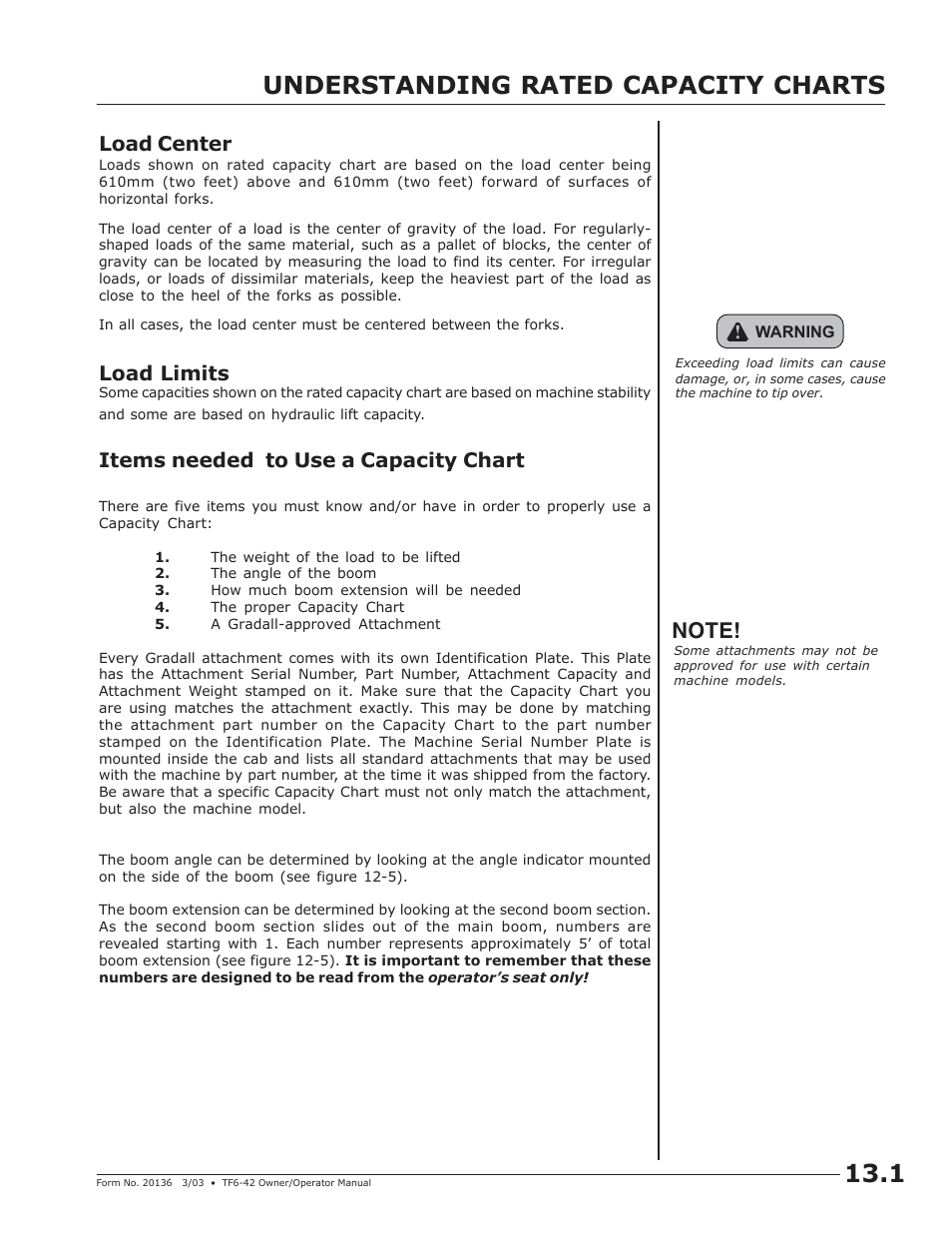 Understanding rated capacity charts, Load center, Load limits | Items needed to use a capacity chart | JLG TF6-42 (9150-4003) Operator Manual User Manual | Page 33 / 92