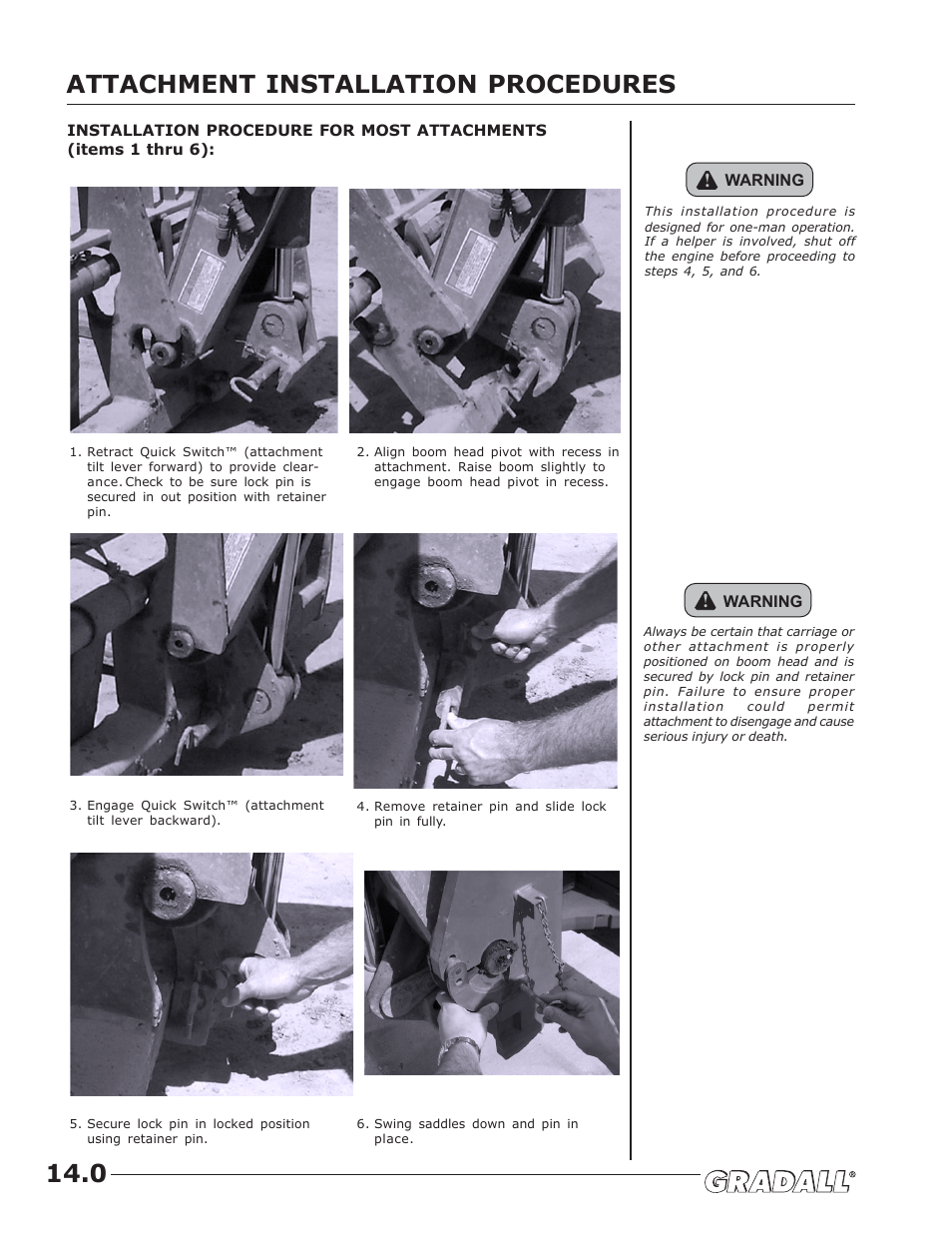 Attachment installation procedures, Attachment installation procedures 14.0 | JLG TF6-42 (9150-4003) Operator Manual User Manual | Page 36 / 92