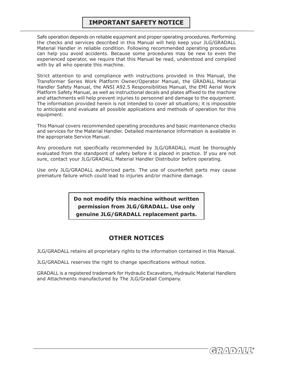 Important safety notice, Other notices | JLG TF6-42 (9150-4003) Operator Manual User Manual | Page 4 / 92