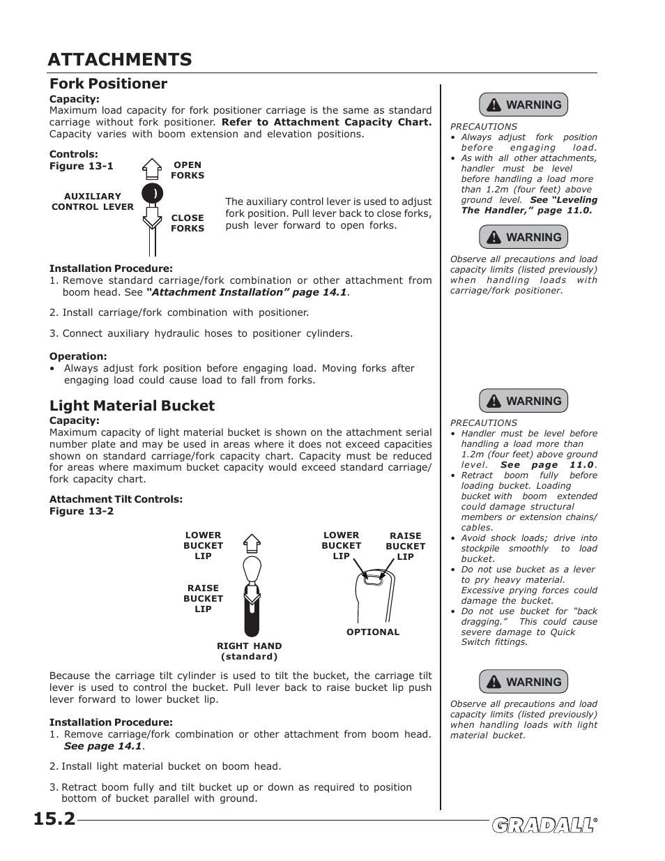 Attachments, Fork positioner, Light material bucket | JLG TF6-42 (9150-4003) Operator Manual User Manual | Page 40 / 92