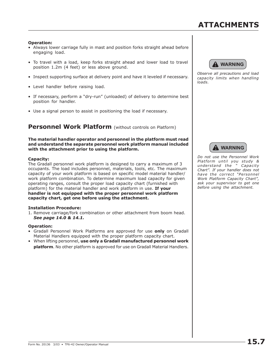 Attachments, Personnel work platform | JLG TF6-42 (9150-4003) Operator Manual User Manual | Page 45 / 92