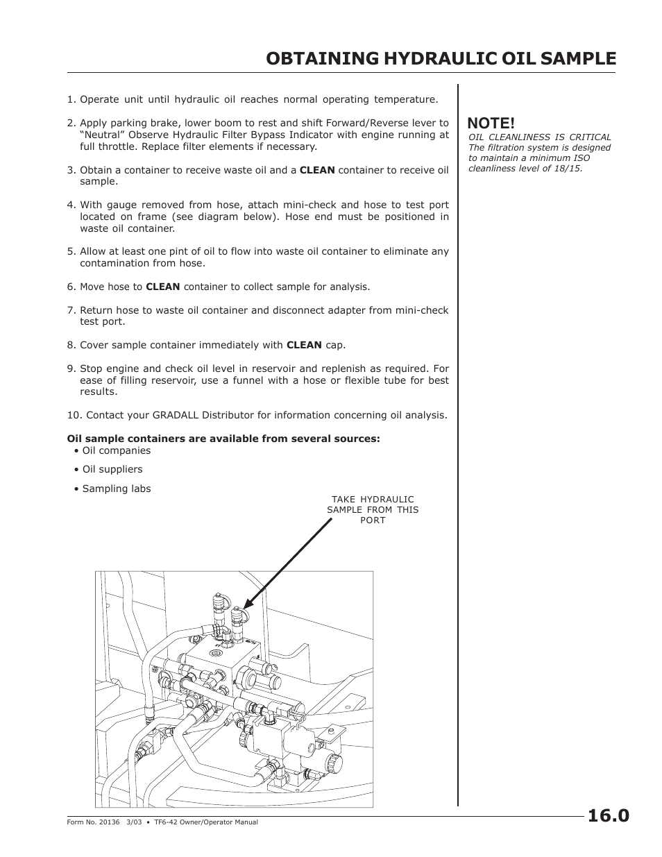 Obtaining hydraulic oil samples for analysis, Obtaining hydraulic oil sample 16.0 | JLG TF6-42 (9150-4003) Operator Manual User Manual | Page 47 / 92