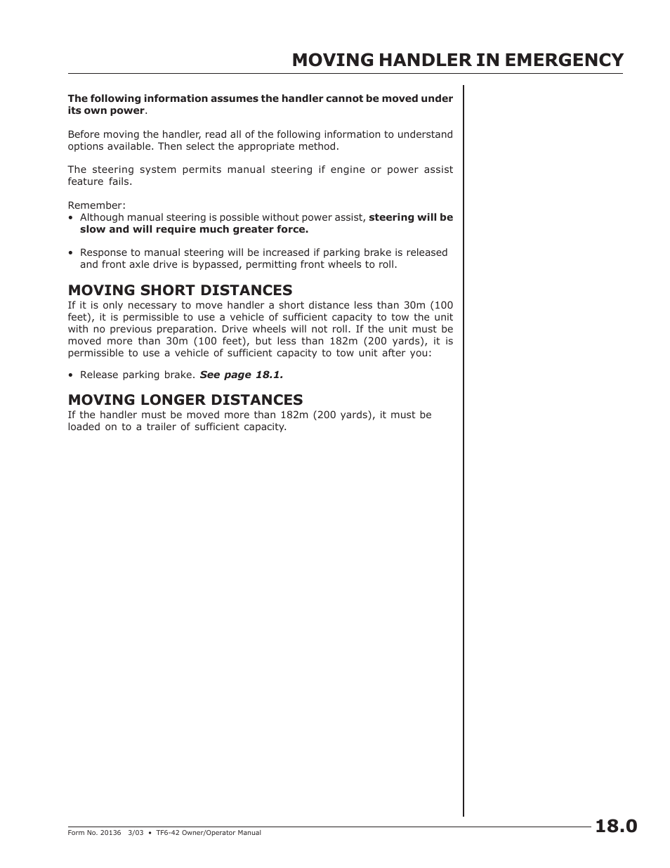 Moving handler in emergency, Moving handler in emergency 18.0, Moving short distances | Moving longer distances | JLG TF6-42 (9150-4003) Operator Manual User Manual | Page 49 / 92