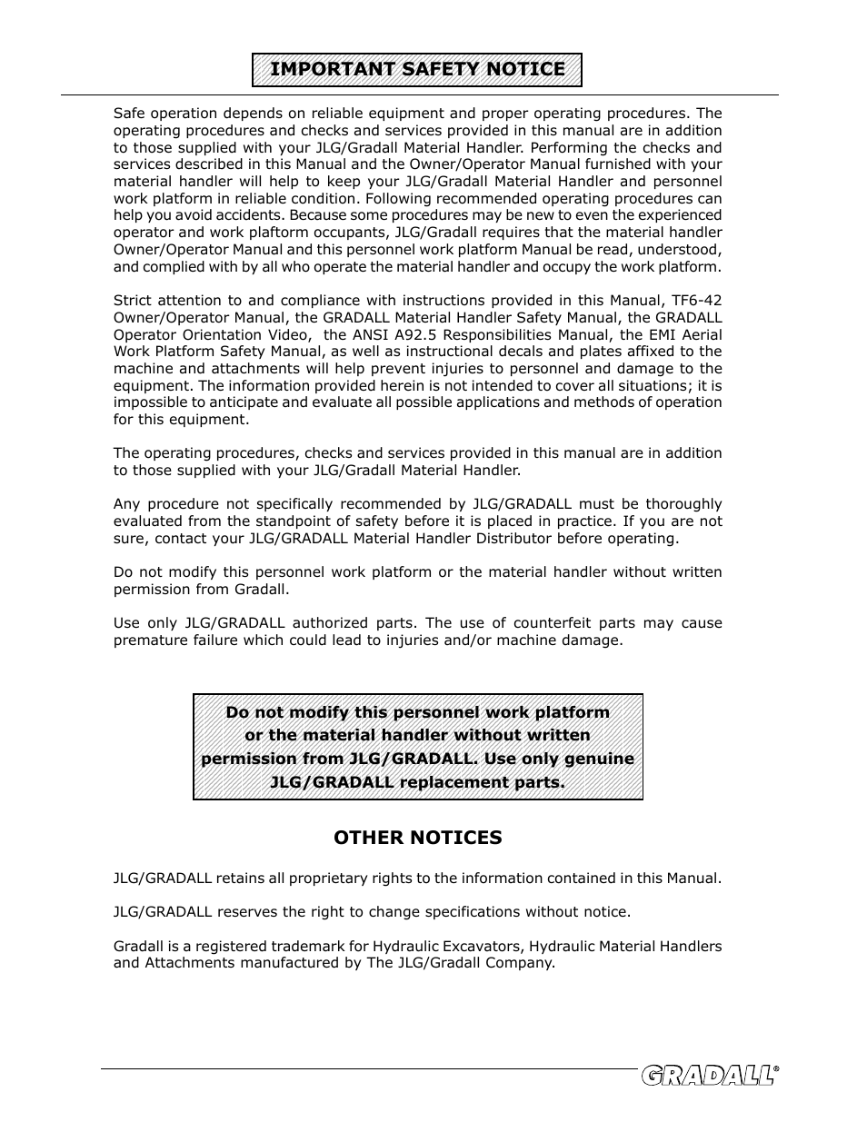 Important safety notice, Other notices | JLG TF6-42 (9150-4003) Operator Manual User Manual | Page 64 / 92