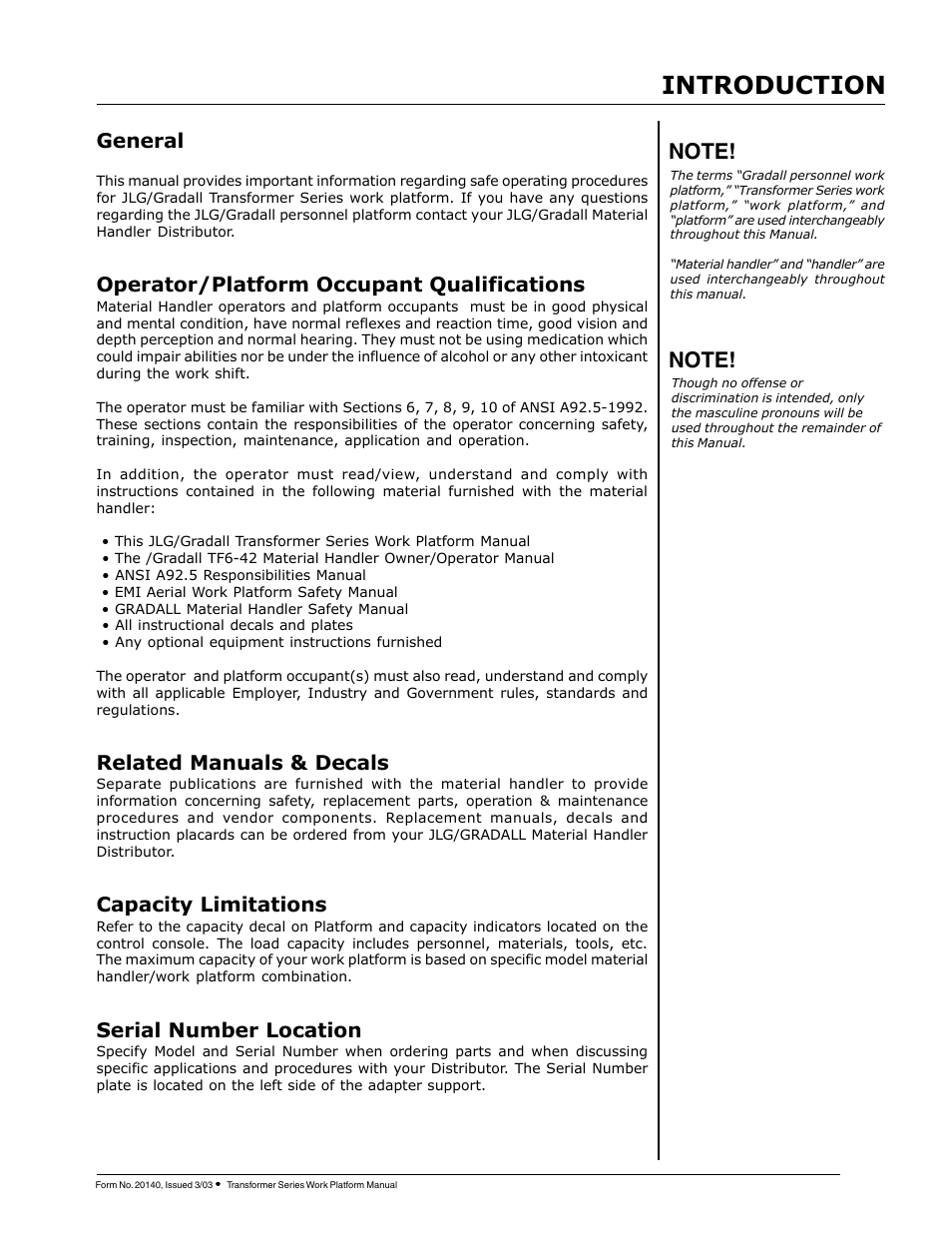 Introduction, General, Operator/platform occupant qualifications | Related manuals & decals, Capacity limitations, Serial number location | JLG TF6-42 (9150-4003) Operator Manual User Manual | Page 67 / 92