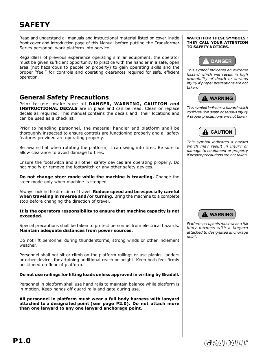 Safety, P1.0, General safety precautions | JLG TF6-42 (9150-4003) Operator Manual User Manual | Page 68 / 92