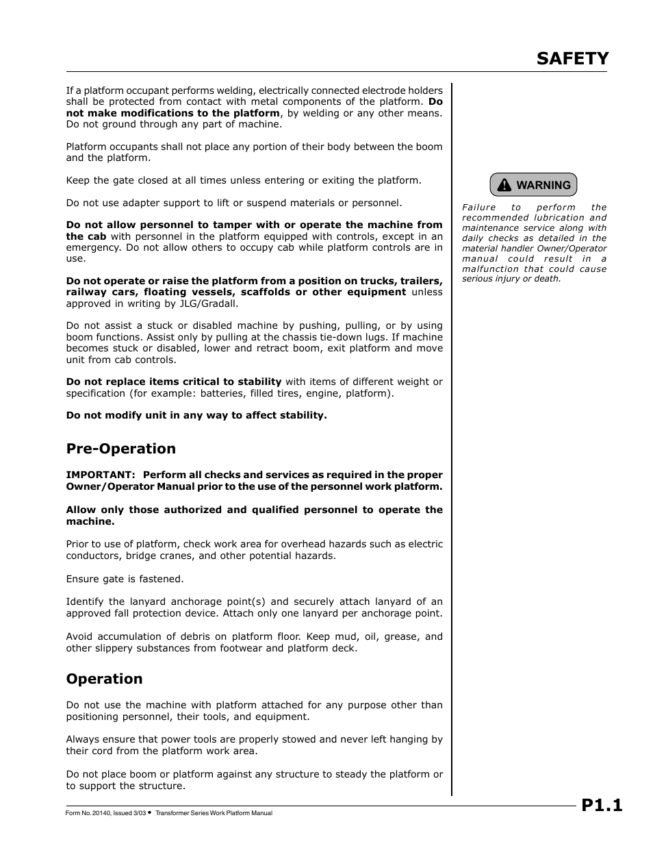 P1.1, Safety, Pre-operation | Operation | JLG TF6-42 (9150-4003) Operator Manual User Manual | Page 69 / 92