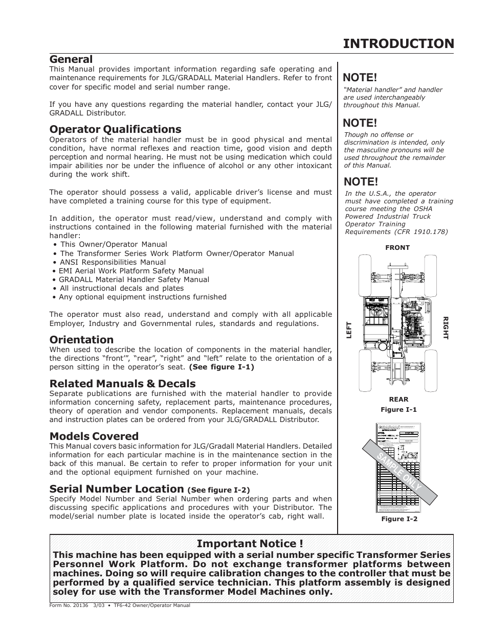 Introduction, General, Operator qualifications | Orientation, Related manuals & decals, Models covered, Serial number location, Important notice, Sample only, Truck & attachment weight | JLG TF6-42 (9150-4003) Operator Manual User Manual | Page 7 / 92