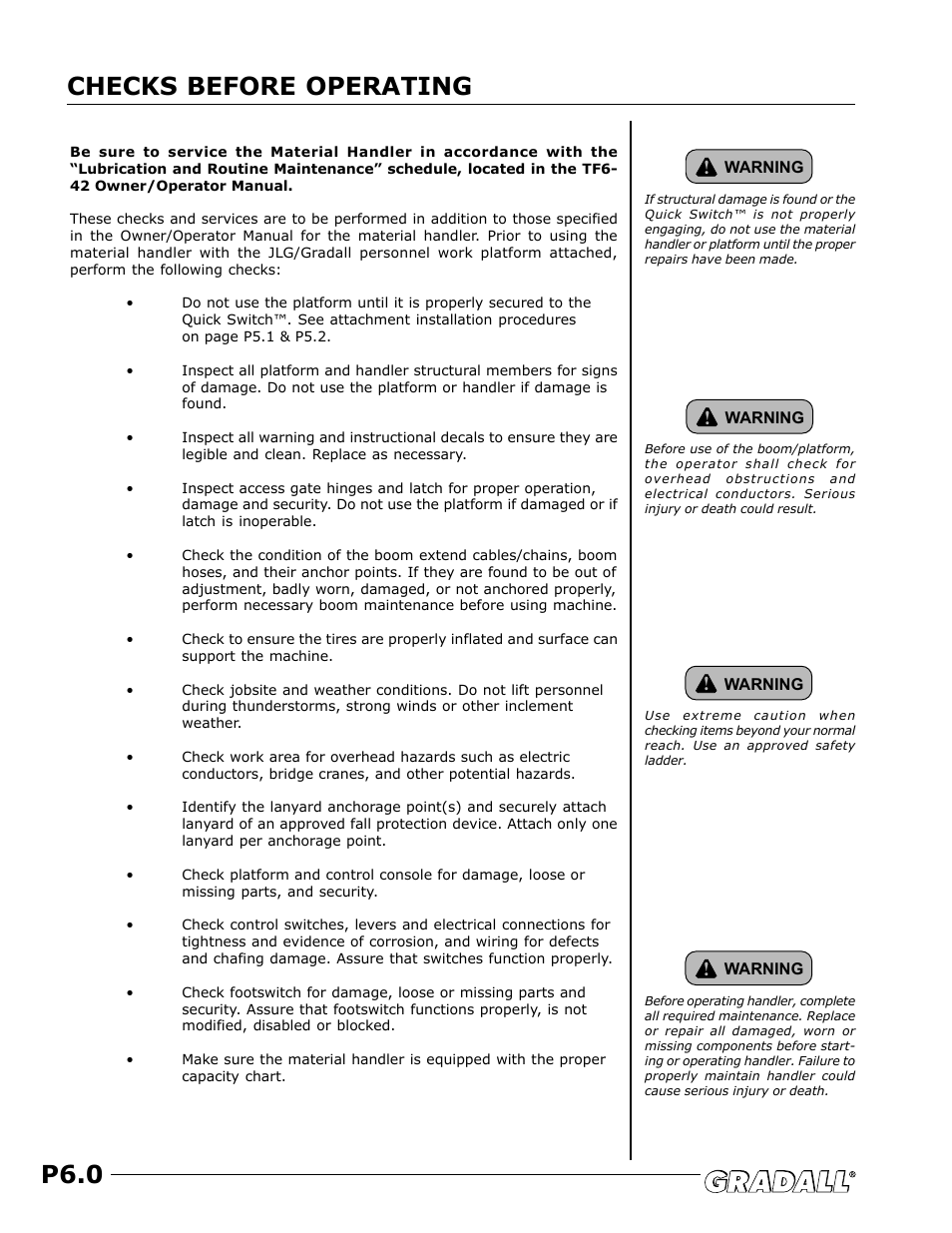 Checks before operating, P6.0 checks before operating | JLG TF6-42 (9150-4003) Operator Manual User Manual | Page 78 / 92