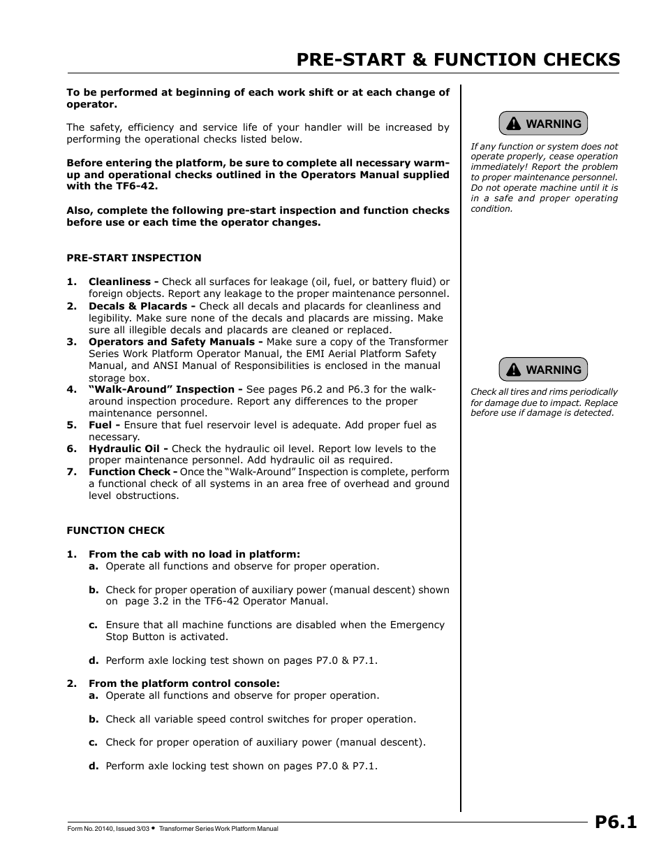 Warm-up & operational checks, P6.1 pre-start & function checks | JLG TF6-42 (9150-4003) Operator Manual User Manual | Page 79 / 92