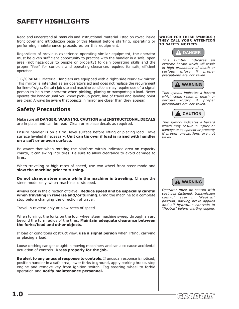 Safety highlights, Safety highlights 1.0, Safety precautions | JLG TF6-42 (9150-4003) Operator Manual User Manual | Page 8 / 92