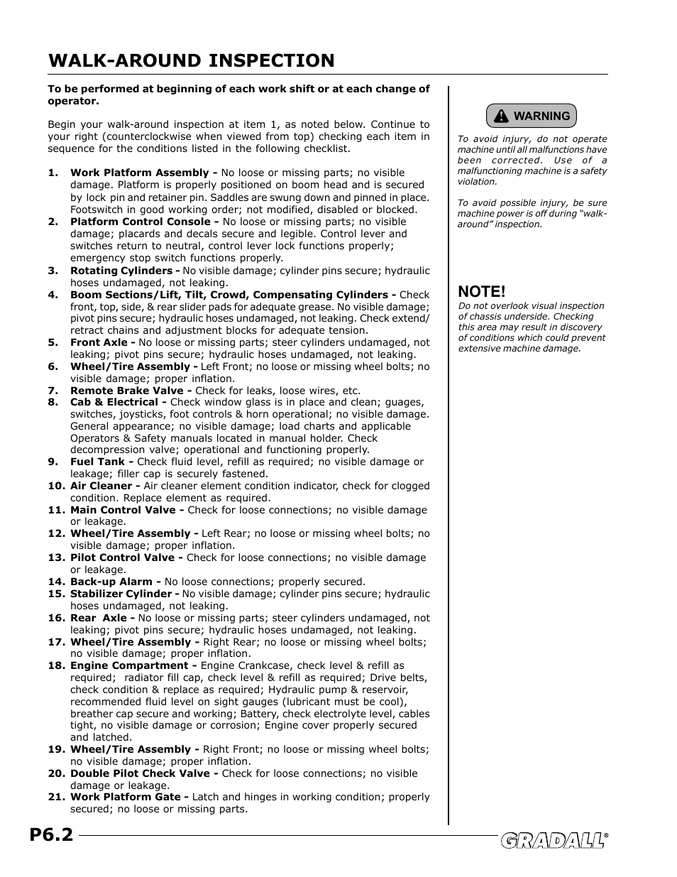 Daily "walk-around inspection, P6.2 walk-around inspection | JLG TF6-42 (9150-4003) Operator Manual User Manual | Page 80 / 92