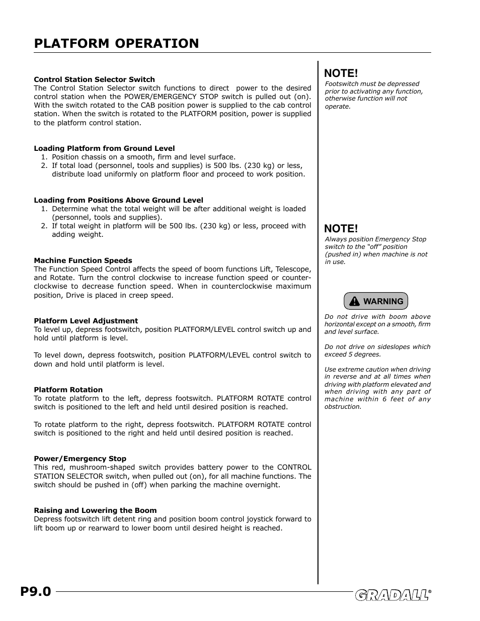 Platform operation, P9.0 | JLG TF6-42 (9150-4003) Operator Manual User Manual | Page 88 / 92