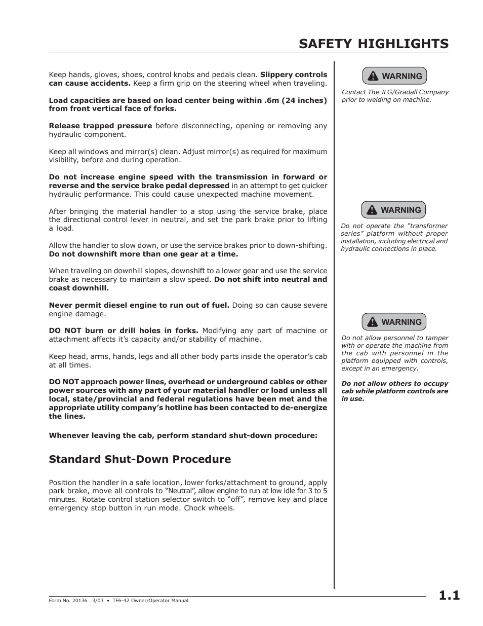 Safety highlights, Standard shut-down procedure | JLG TF6-42 (9150-4003) Operator Manual User Manual | Page 9 / 92