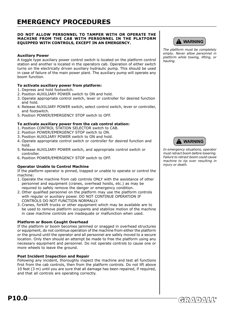 Emergency procedures, Emergency procedures p10.0 | JLG TF6-42 (9150-4003) Operator Manual User Manual | Page 90 / 92