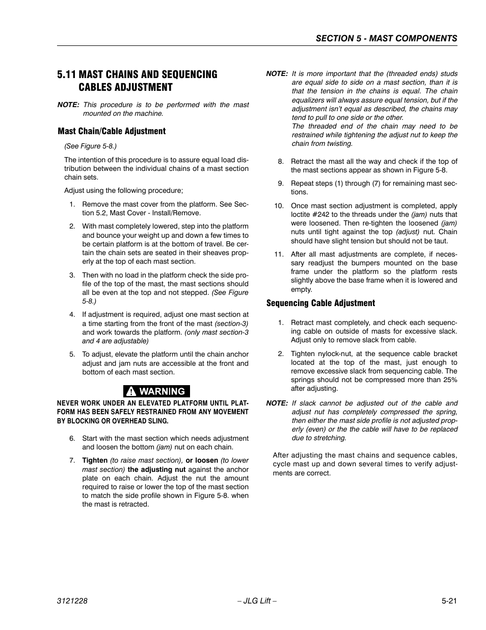 11 mast chains and sequencing cables adjustment, Mast chain/cable adjustment, Sequencing cable adjustment | JLG 10MSP Service Manual User Manual | Page 103 / 154