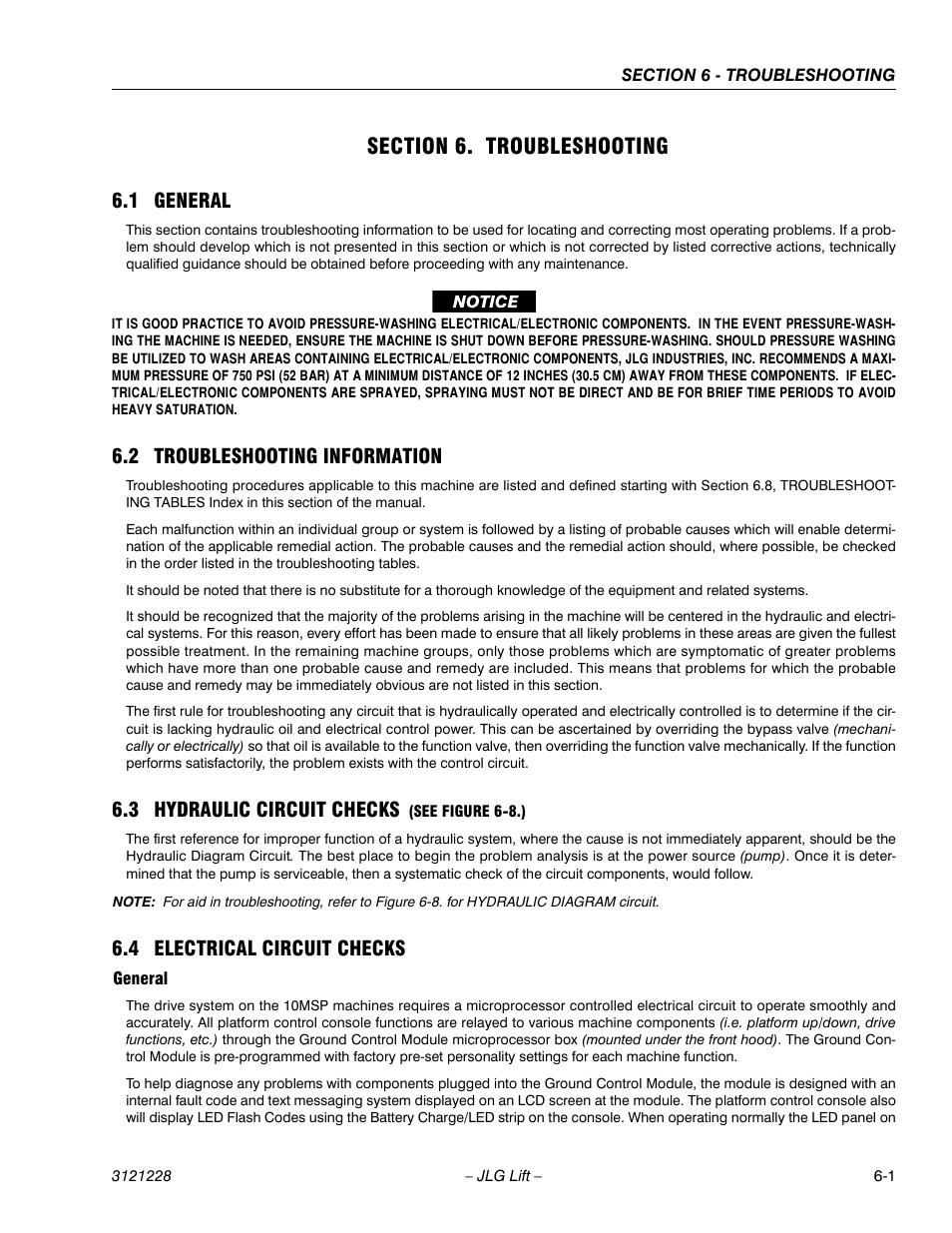 Section 6. troubleshooting, 1 general, 2 troubleshooting information | 3 hydraulic circuit checks (see figure 6-8.), 4 electrical circuit checks, General, Section 6 - troubleshooting, General -1, 3 hydraulic circuit checks | JLG 10MSP Service Manual User Manual | Page 105 / 154