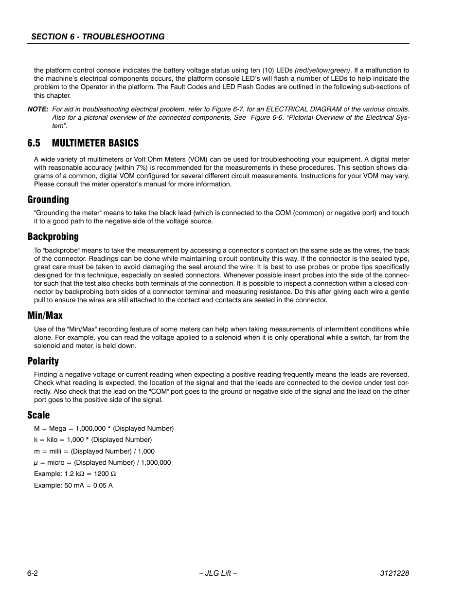 5 multimeter basics, Grounding, Backprobing | Min/max, Polarity, Scale, 5 multimeter basics -2 | JLG 10MSP Service Manual User Manual | Page 106 / 154