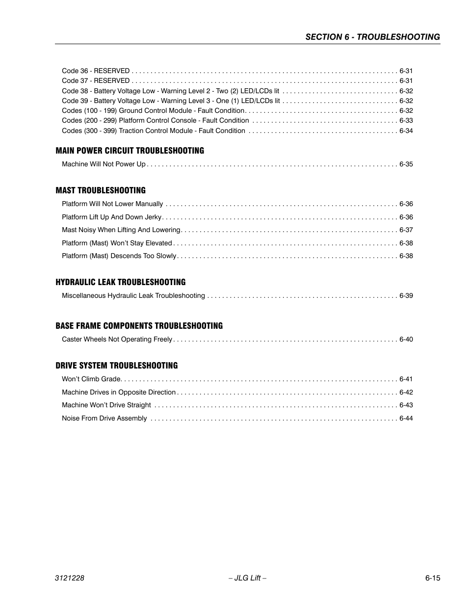 Main power circuit troubleshooting, Mast troubleshooting, Hydraulic leak troubleshooting | Base frame components troubleshooting, Drive system troubleshooting | JLG 10MSP Service Manual User Manual | Page 119 / 154