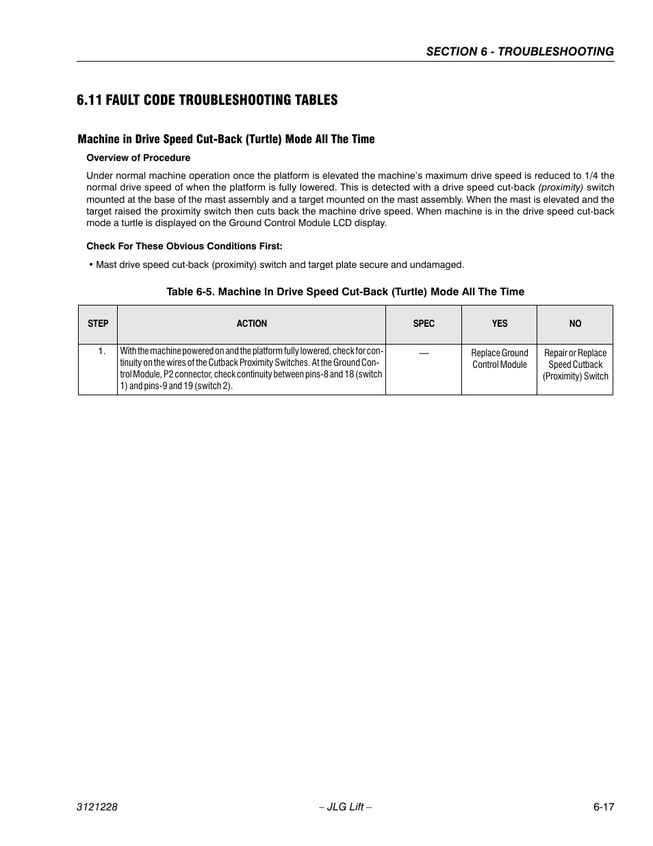 11 fault code troubleshooting tables, 11 fault code troubleshooting tables -17, See table 6-5 | Ge 6-17, Fault code troubleshooting tables | JLG 10MSP Service Manual User Manual | Page 121 / 154