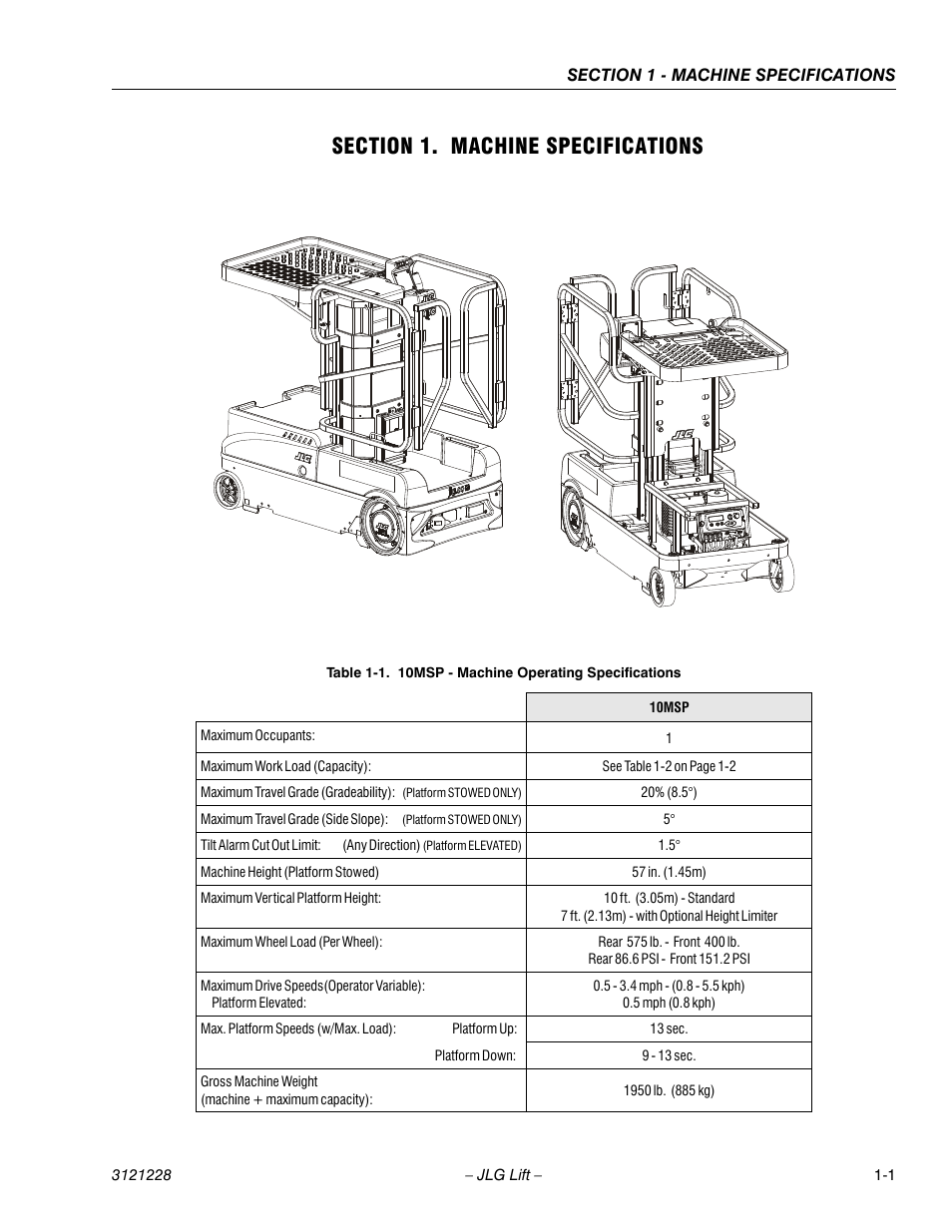 Section 1. machine specifications, Section 1 - machine specifications, 10msp - machine operating specifications -1 | JLG 10MSP Service Manual User Manual | Page 13 / 154