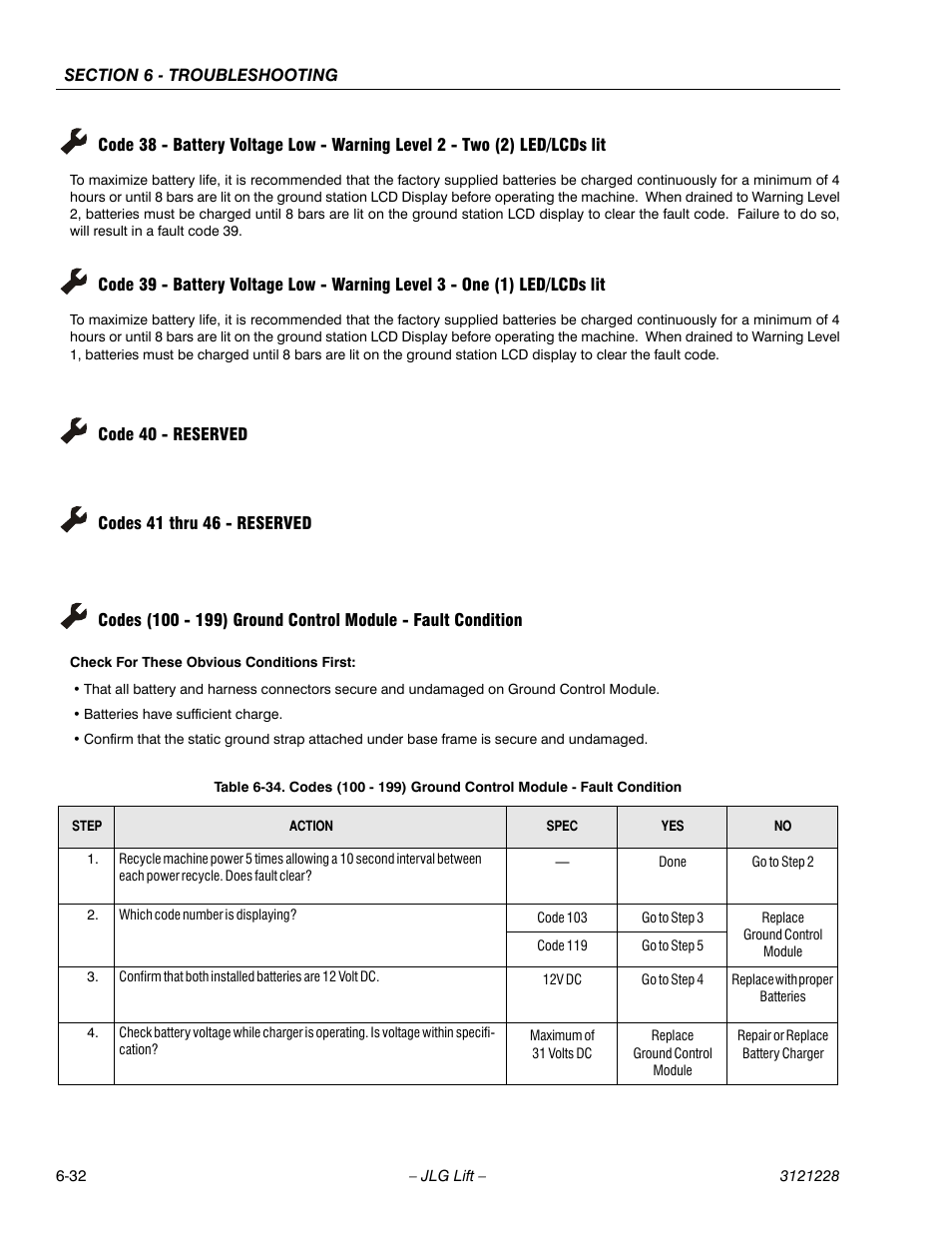 Code 40 - reserved, Codes 41 thru 46 - reserved, Ge 6-32 | See table 6-34 | JLG 10MSP Service Manual User Manual | Page 136 / 154