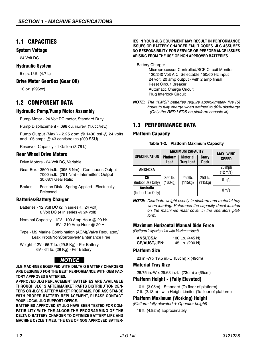 1 capacities, System voltage, Hydraulic system | Drive motor gearbox (gear oil), 2 component data, Hydraulic pump/pump motor assembly, Rear wheel drive motors, Batteries/battery charger, 3 performance data, Platform capacity | JLG 10MSP Service Manual User Manual | Page 14 / 154